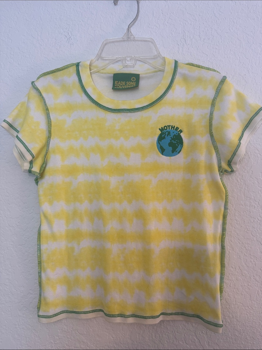 Yellow Tie-Dye Women’s Short Sleeve Tee with Green Trim